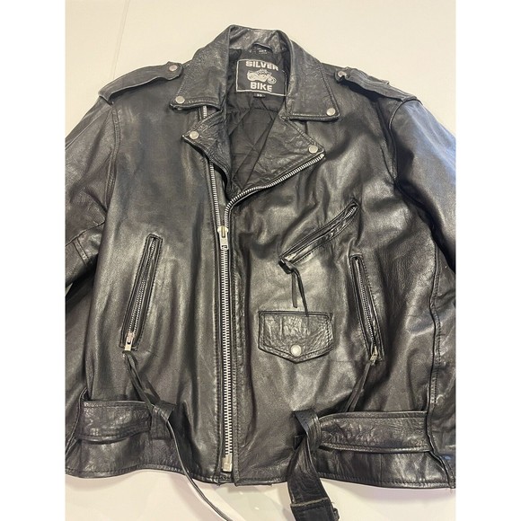 Silver Bike Leather Motorcycle Jacket Vintage 80's Coat Full Back Patch Size 50 - Picture 1 of 16